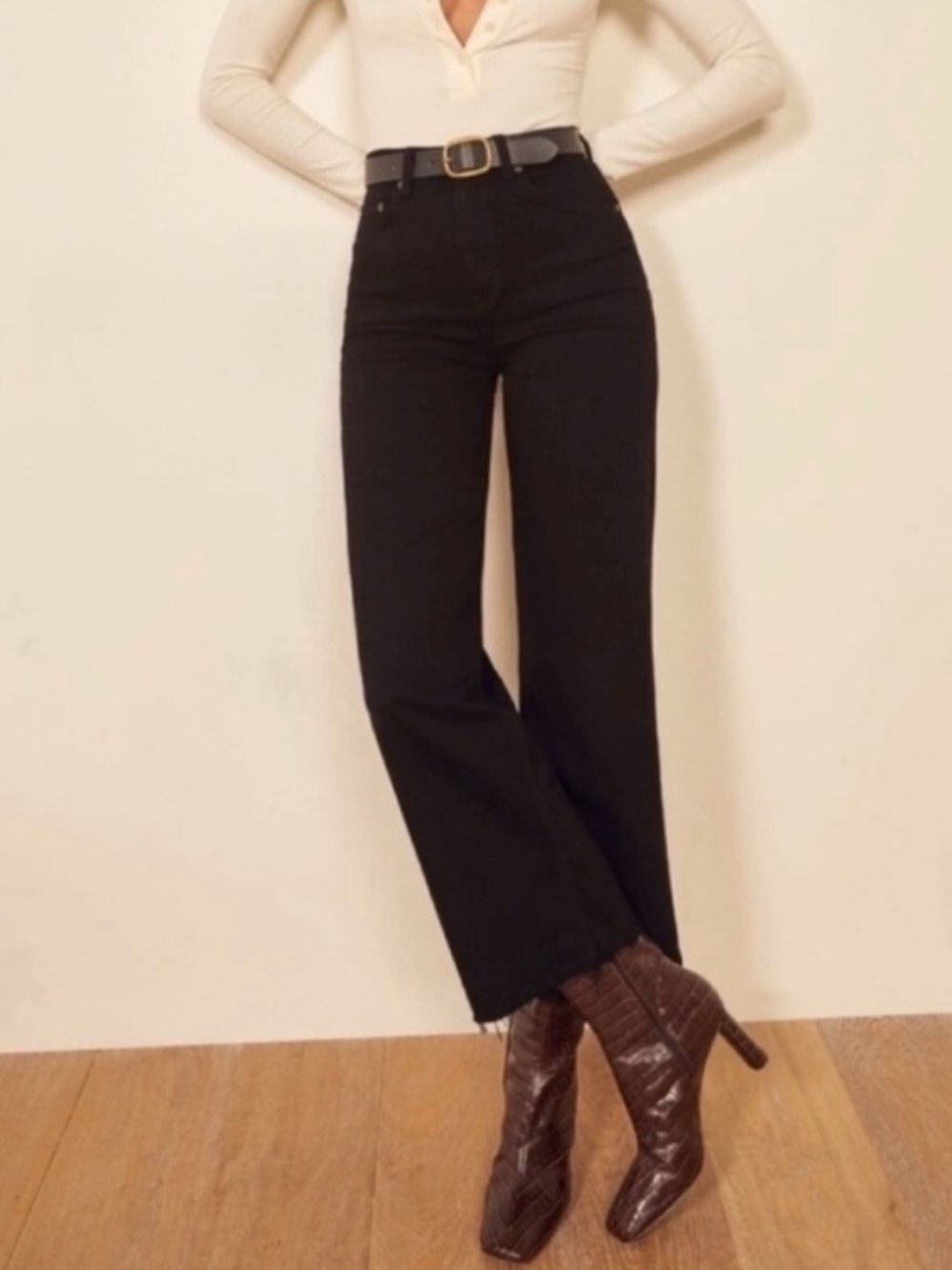 Reformation Black High Rise Frayed Hem Crop Jeans Size 26
